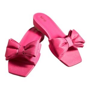 Anthropologie Maeve Fushsia Satin Bow Slide‎ Sandals Square Toe Low Wedge Size 9